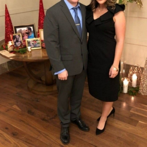 JS Collection Black Ruffle Neck Sheath Sz 12 - Picture 2 of 4